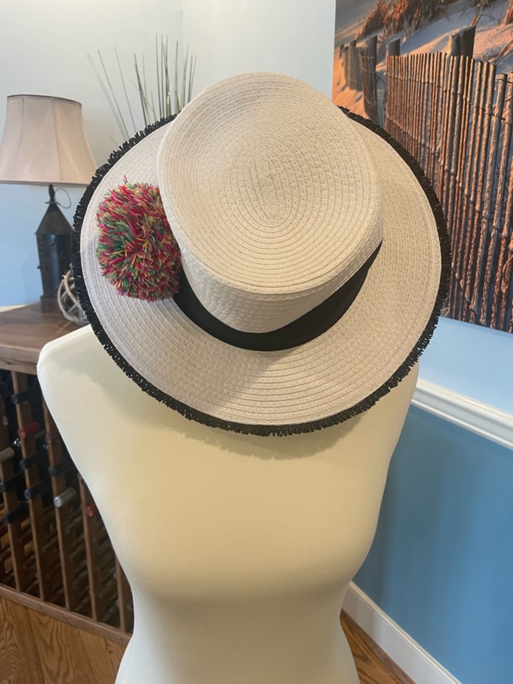 Betsey Johnson Cream Straw Boater Hat with Black Trim and Multicolor Pom